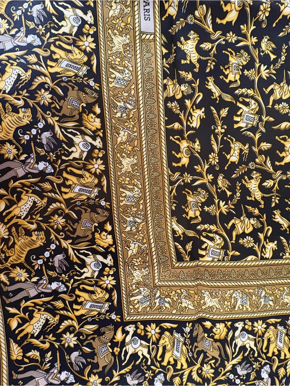 Hermès Chasse en Inde Silk Carré 90 Scarf Black Gold Michel Duchêne